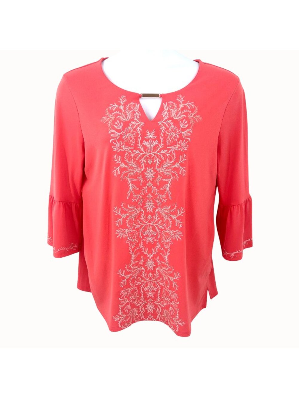 JM Collection Coral Bell Sleeve Top W/ Metallic Embroidery & Keyhole Accent Top